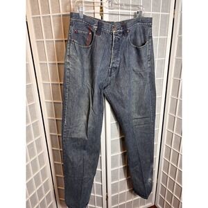 VTG Mecca Jeans Mens Size 34 Blue Faded Distressed Selvedge Baggy Loose Y2K